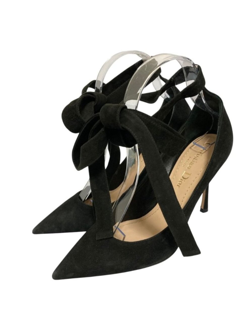 Dior Suede Pointed Toe Ankle Ribbon Strap Pumps Black Spring Summer
